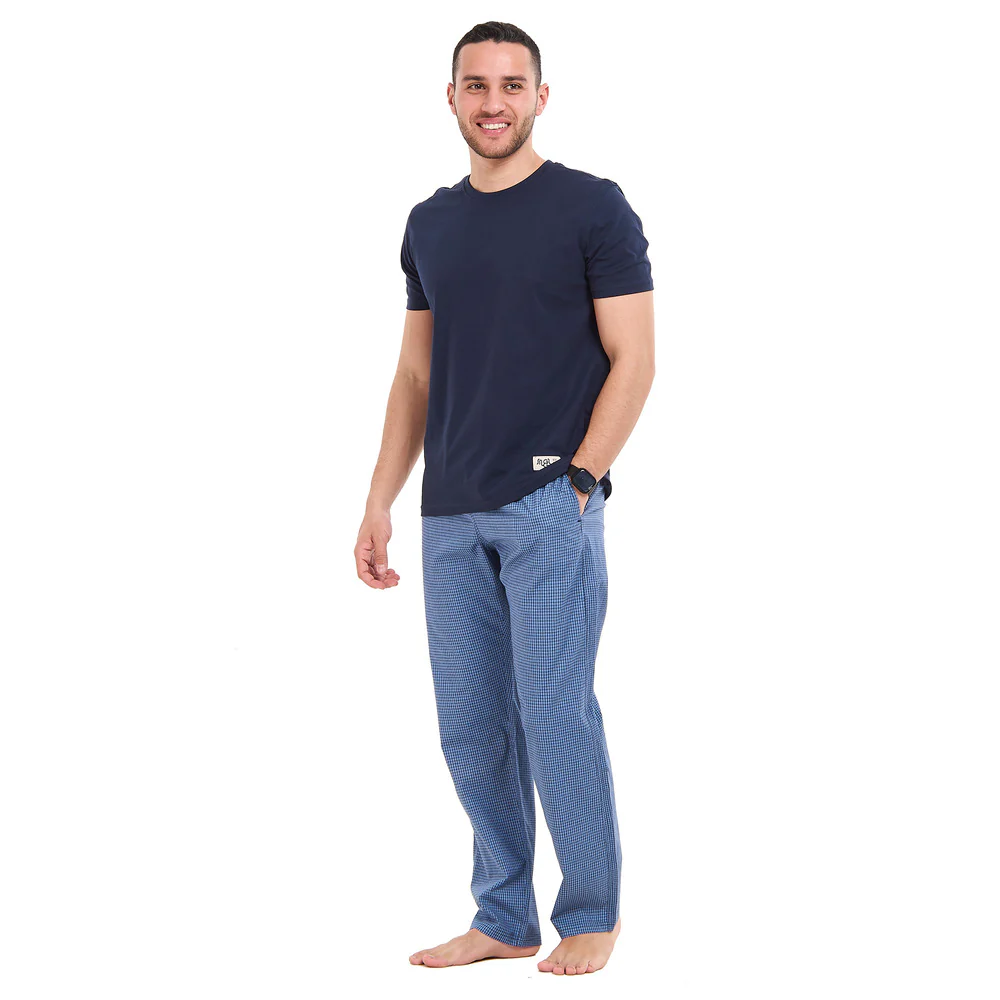 Men summer pajama set Dark blue T-shirt + Dark blue X Light blue mini checkered Pants - Image 2