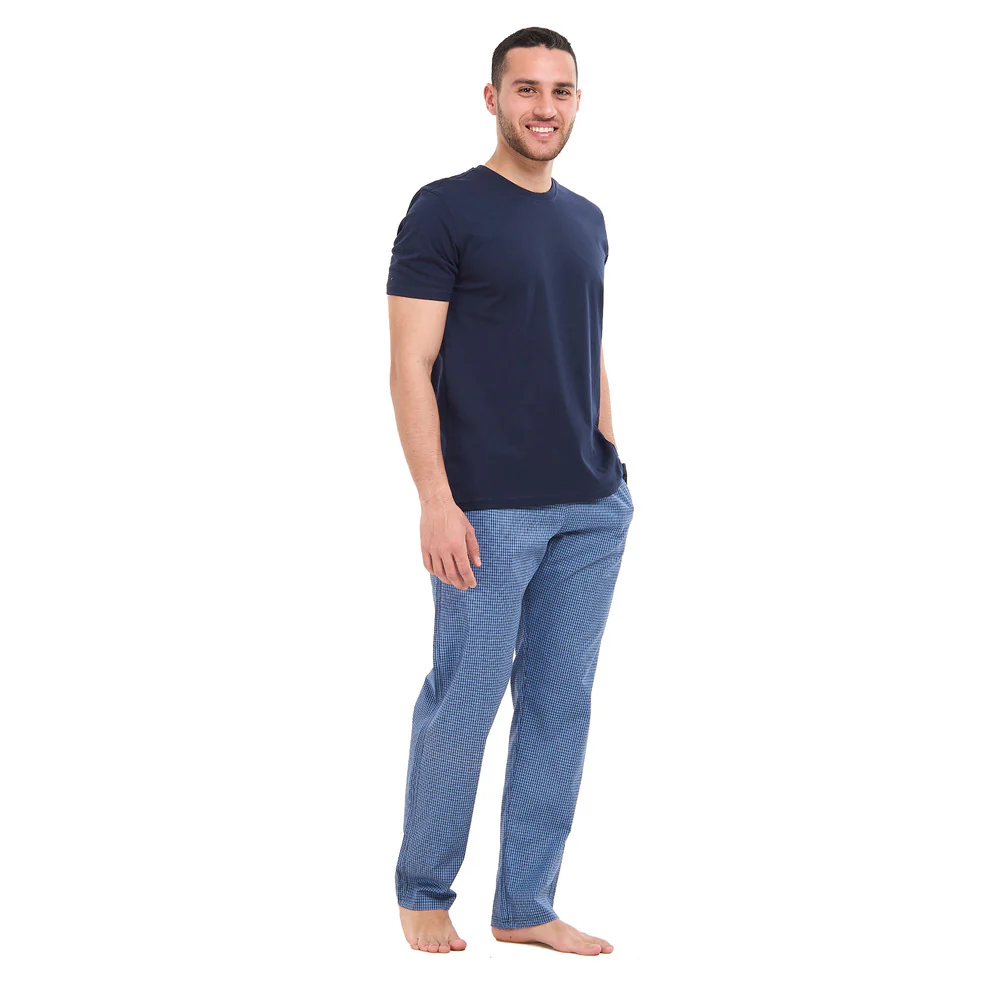 Men summer pajama set Dark blue T-shirt + Dark blue X Light blue mini checkered Pants - Image 3