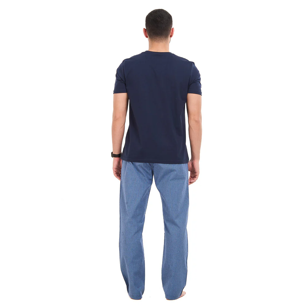 Men summer pajama set Dark blue T-shirt + Dark blue X Light blue mini checkered Pants - Image 4