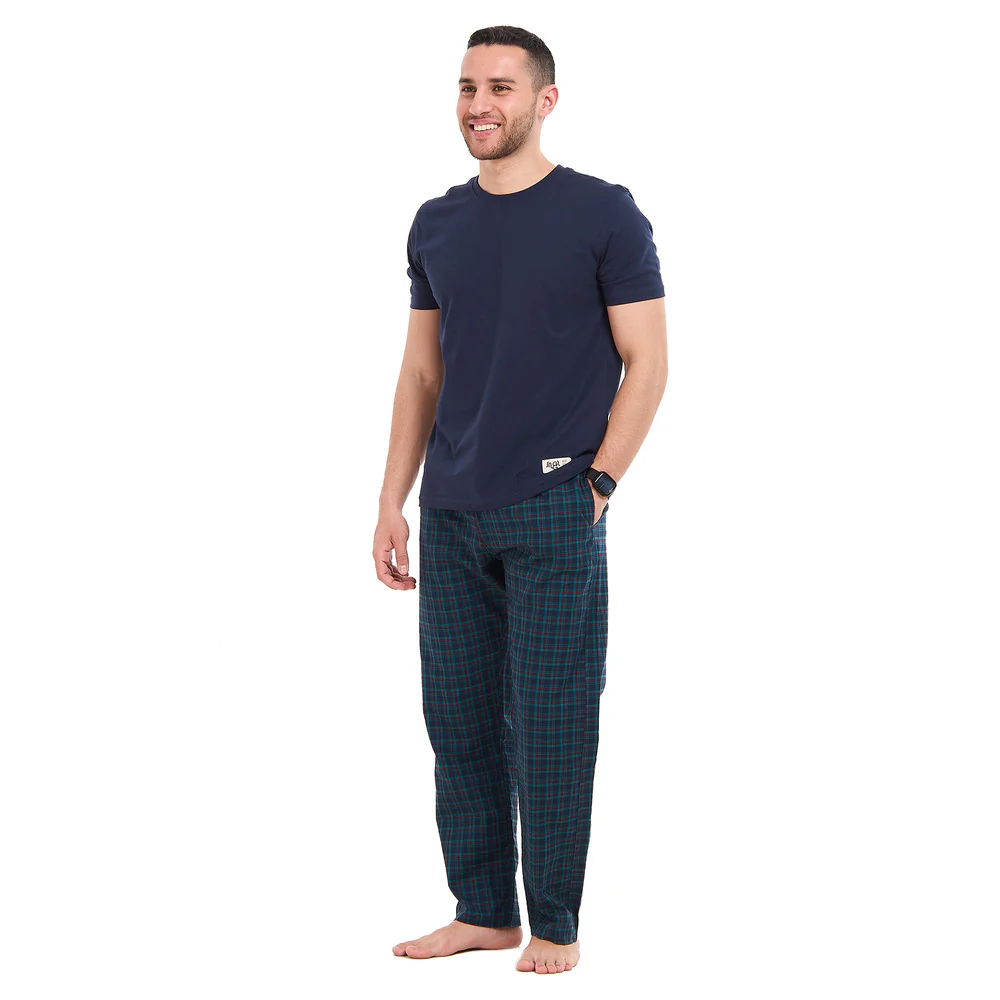 Men summer pajama set Dark blue T-shirt + Dark blue X Red Checkered Pants - Image 3