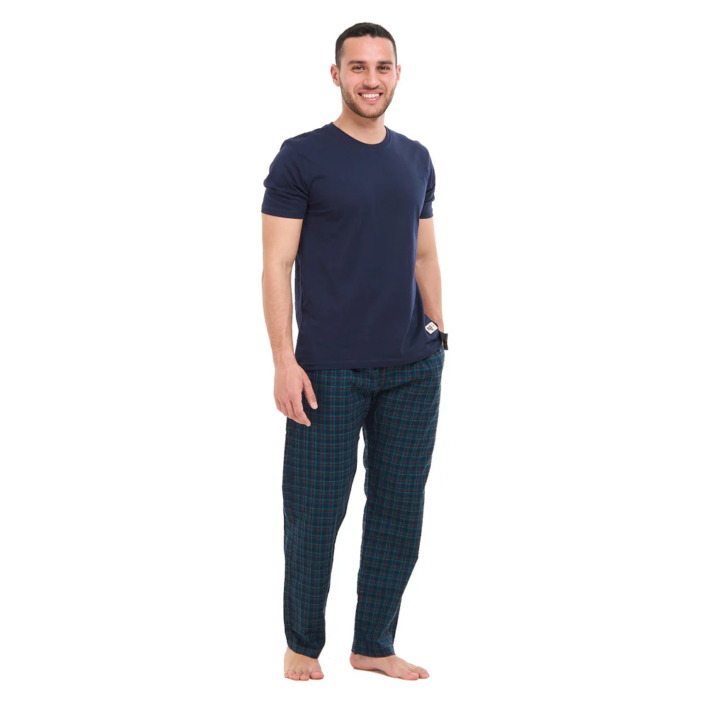 Men summer pajama set Dark blue T-shirt + Dark blue X Red Checkered Pants - Image 4