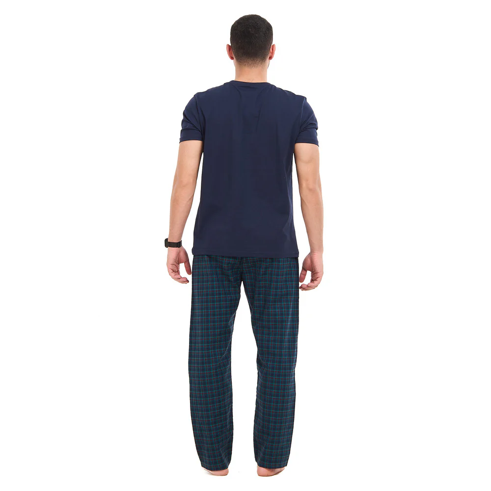Men summer pajama set Dark blue T-shirt + Dark blue X Red Checkered Pants - Image 5