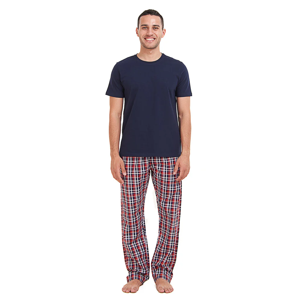 Men summer pajama set Dark Blue T-shirt + Dark Blue x Red Checkered Pants - Image 2