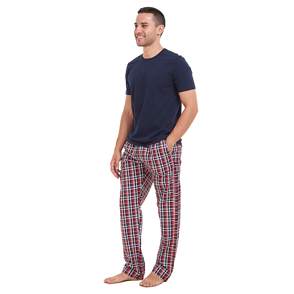 Men summer pajama set Dark Blue T-shirt + Dark Blue x Red Checkered Pants - Image 3