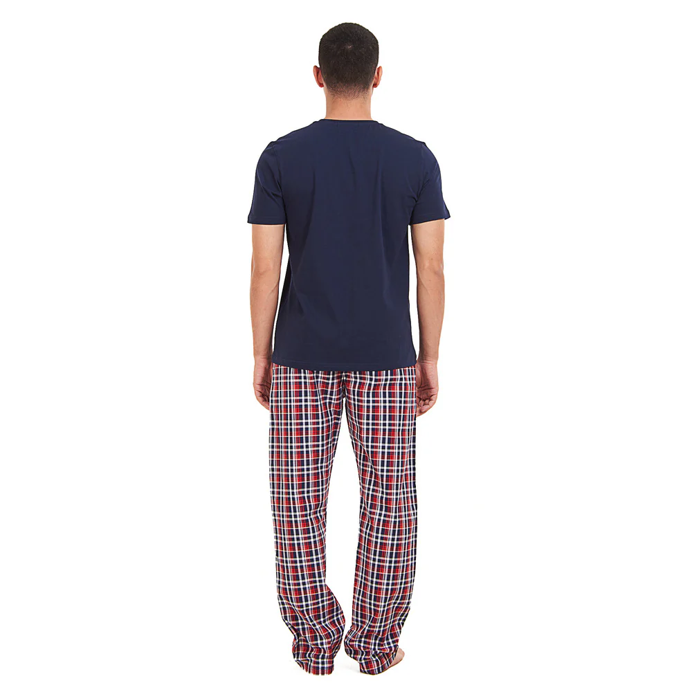 Men summer pajama set Dark Blue T-shirt + Dark Blue x Red Checkered Pants - Image 4