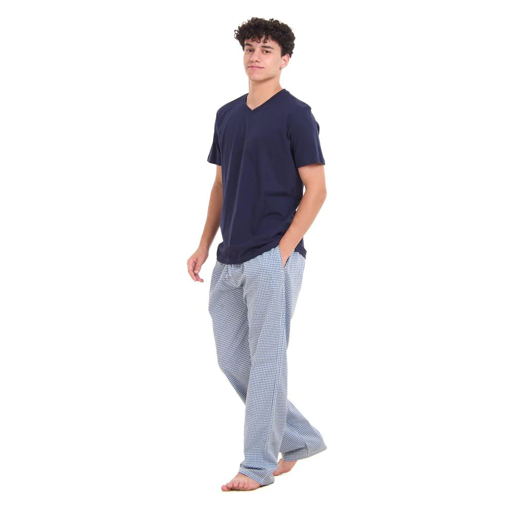 Men summer pajama set Dark blue T-shirt +Dark Blue x White Checkered Pants - Image 2
