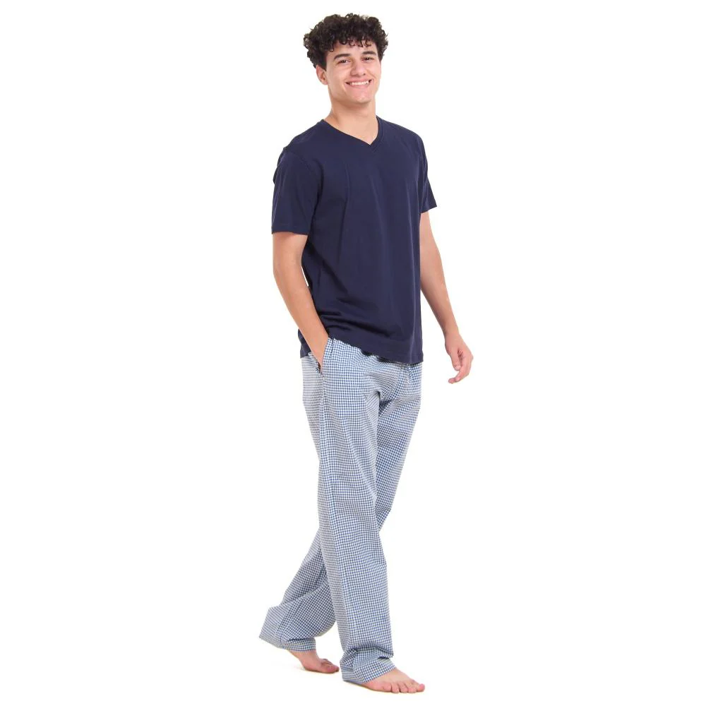 Men summer pajama set Dark blue T-shirt +Dark Blue x White Checkered Pants - Image 3