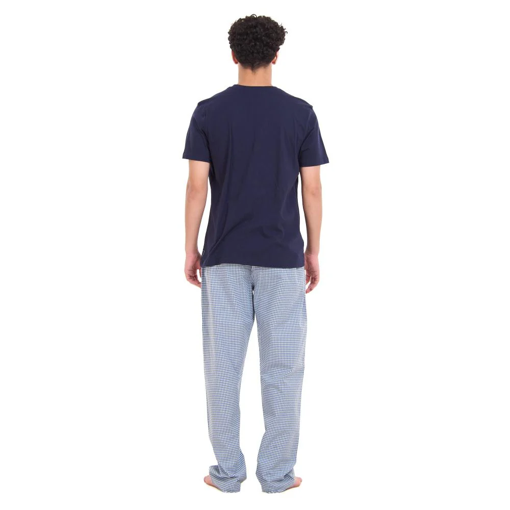 Men summer pajama set Dark blue T-shirt +Dark Blue x White Checkered Pants - Image 4