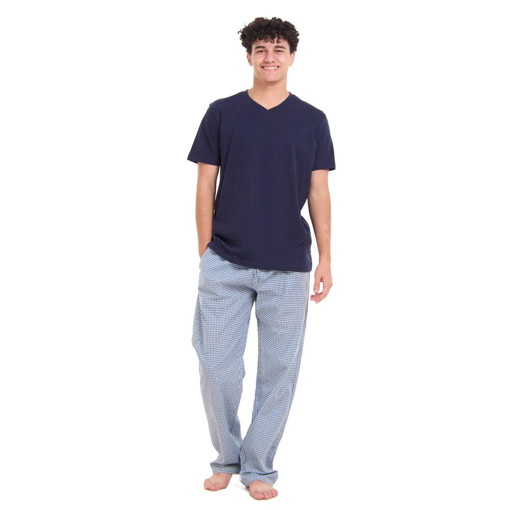 Men summer pajama set Dark blue T-shirt +Dark Blue x White Checkered Pants - Image 5