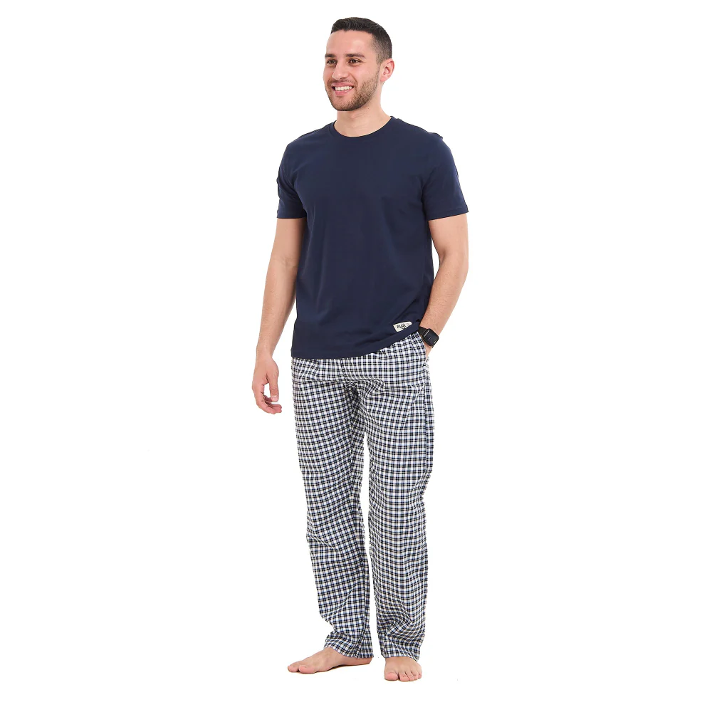 Men summer pajama set Dark blue T-shirt + Dark blue X White checkered Pants - Image 2