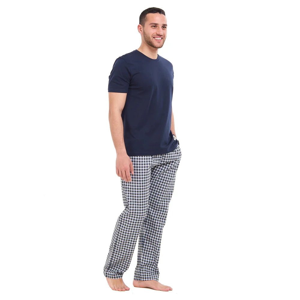 Men summer pajama set Dark blue T-shirt + Dark blue X White checkered Pants - Image 3
