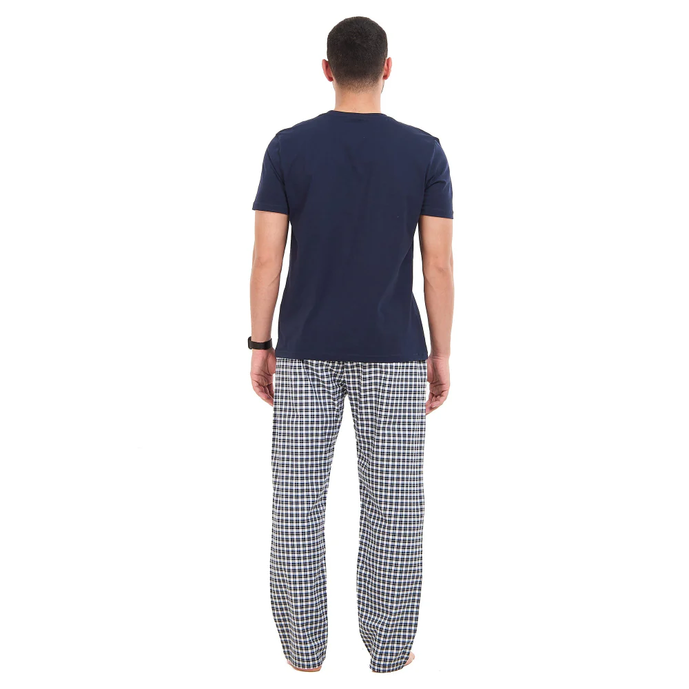 Men summer pajama set Dark blue T-shirt + Dark blue X White checkered Pants - Image 4