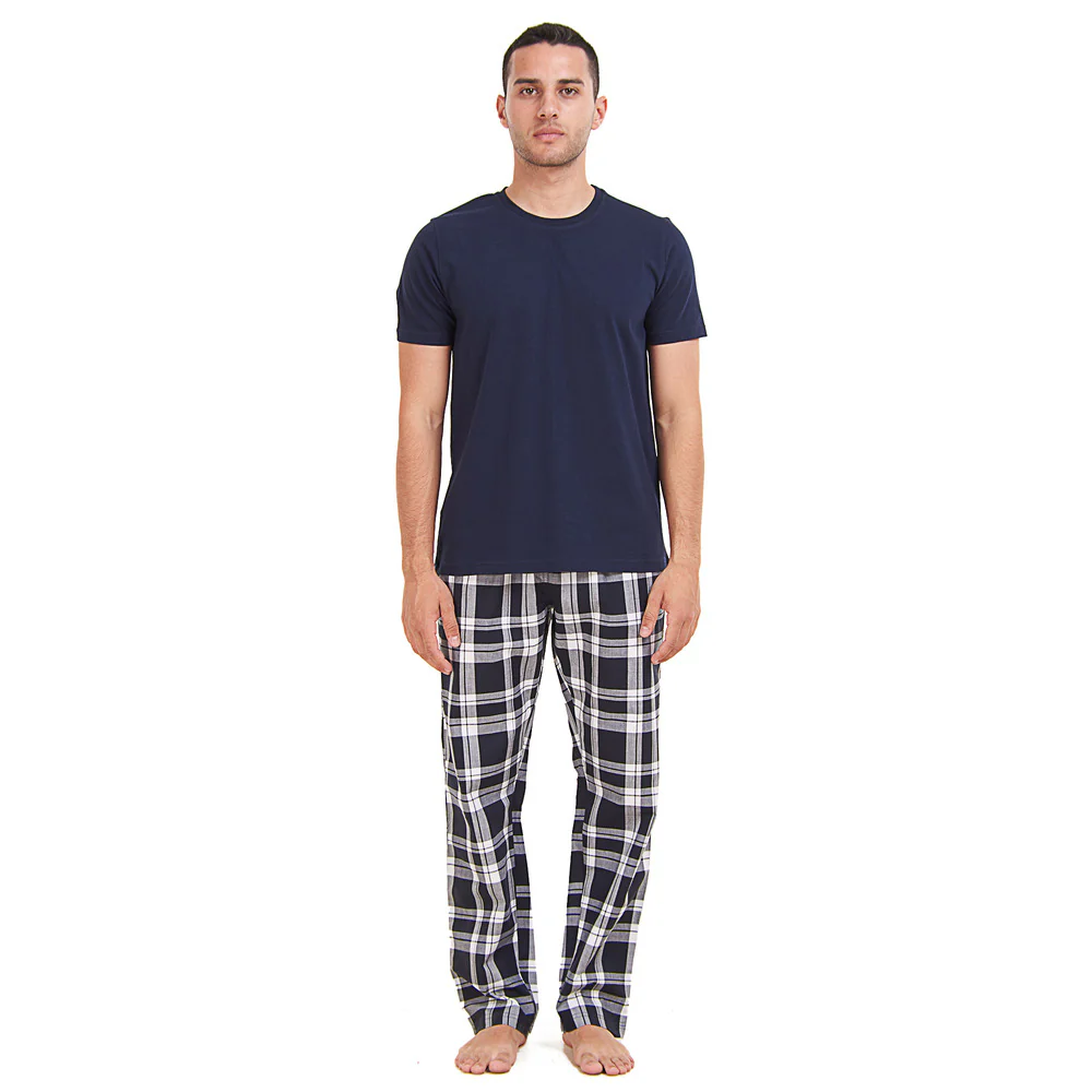 Men summer pajama set Dark Blue T-shirt + Dark Blue x White Checkered Pants - Image 2