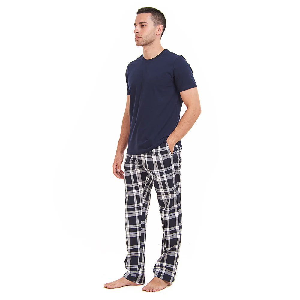 Men summer pajama set Dark Blue T-shirt + Dark Blue x White Checkered Pants - Image 3