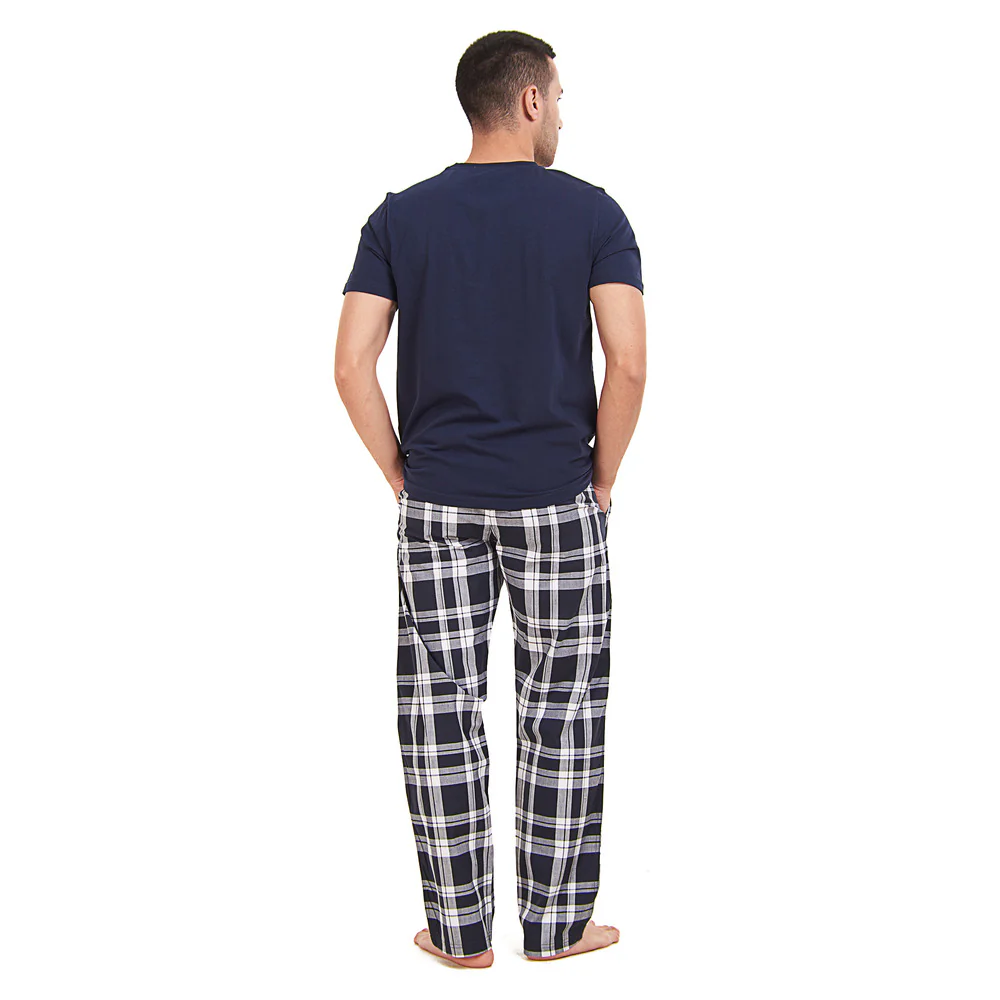Men summer pajama set Dark Blue T-shirt + Dark Blue x White Checkered Pants - Image 4