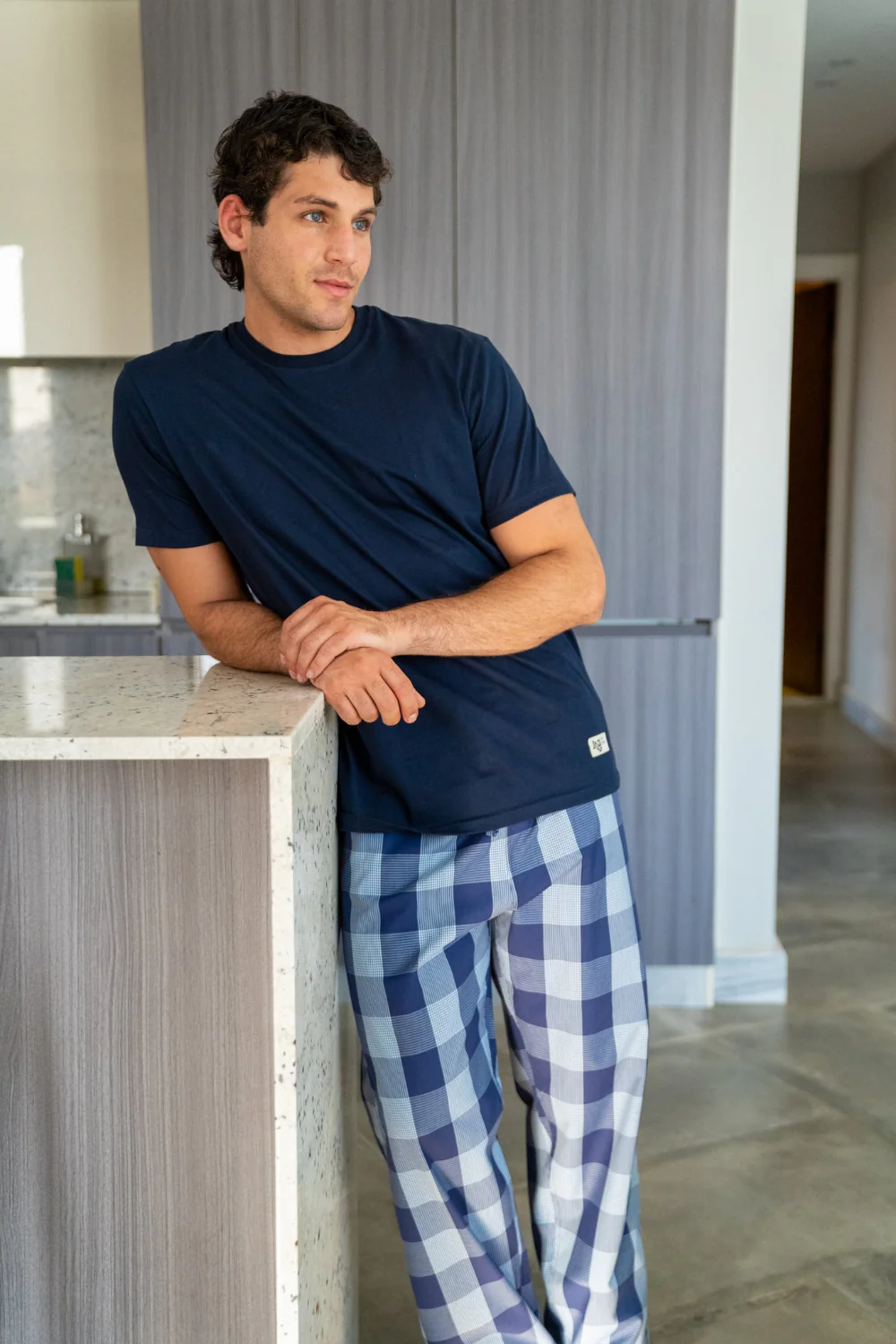 Men summer pajama set Dark Blue T-shirt + Dark Blue X White Glen Plaid Pants - Image 2