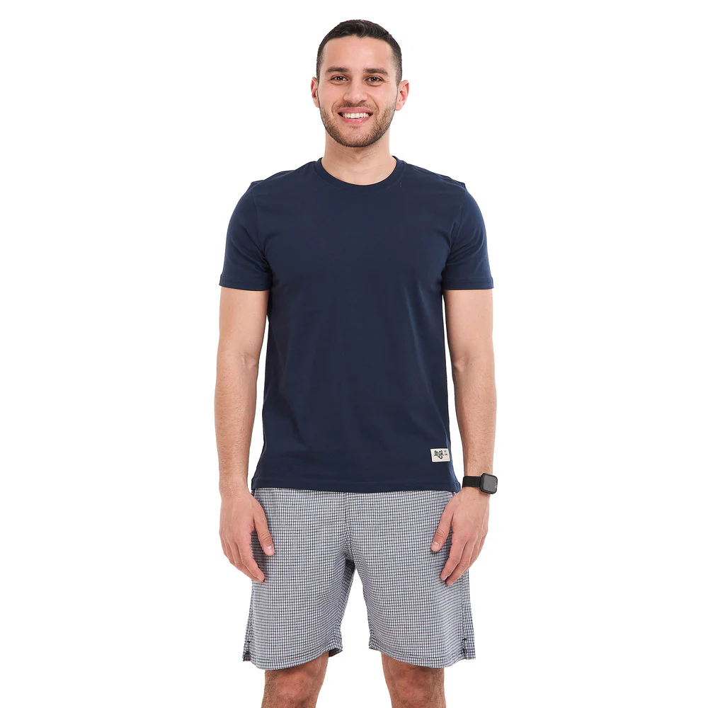 Men summer pajama set Dark blue T-shirt + Dark blue X White mini checkered Shorts