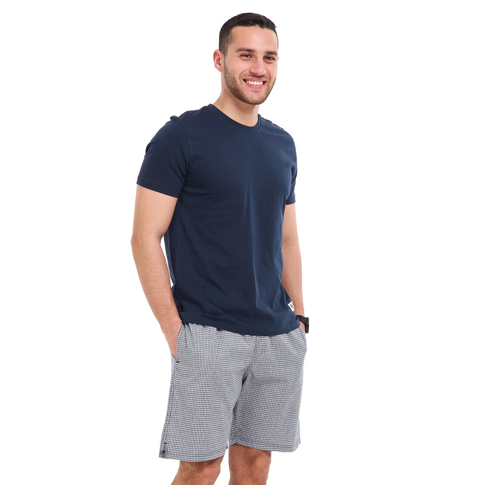 Men summer pajama set Dark blue T-shirt + Dark blue X White mini checkered Shorts - Image 2
