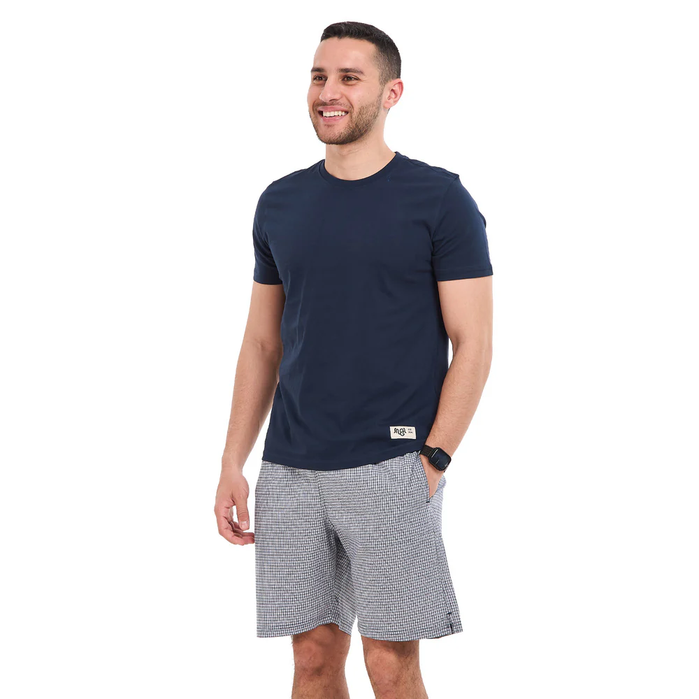 Men summer pajama set Dark blue T-shirt + Dark blue X White mini checkered Shorts - Image 3