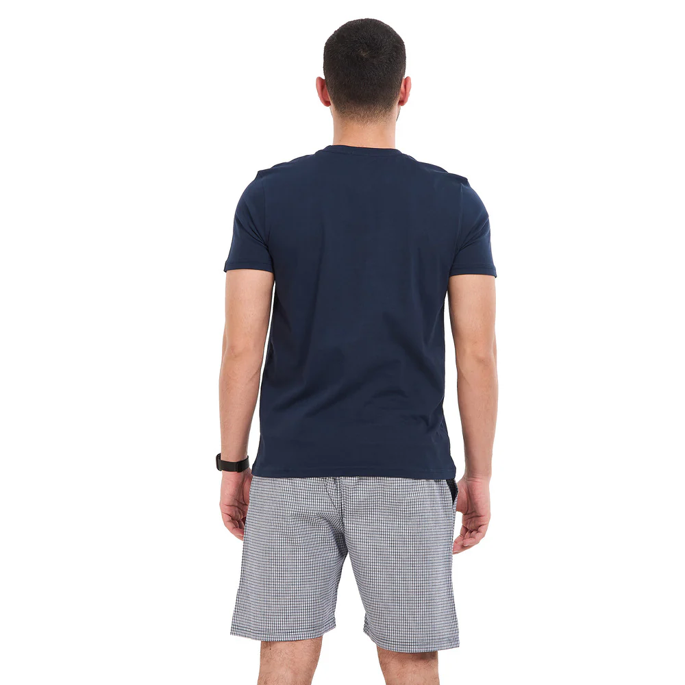 Men summer pajama set Dark blue T-shirt + Dark blue X White mini checkered Shorts - Image 4