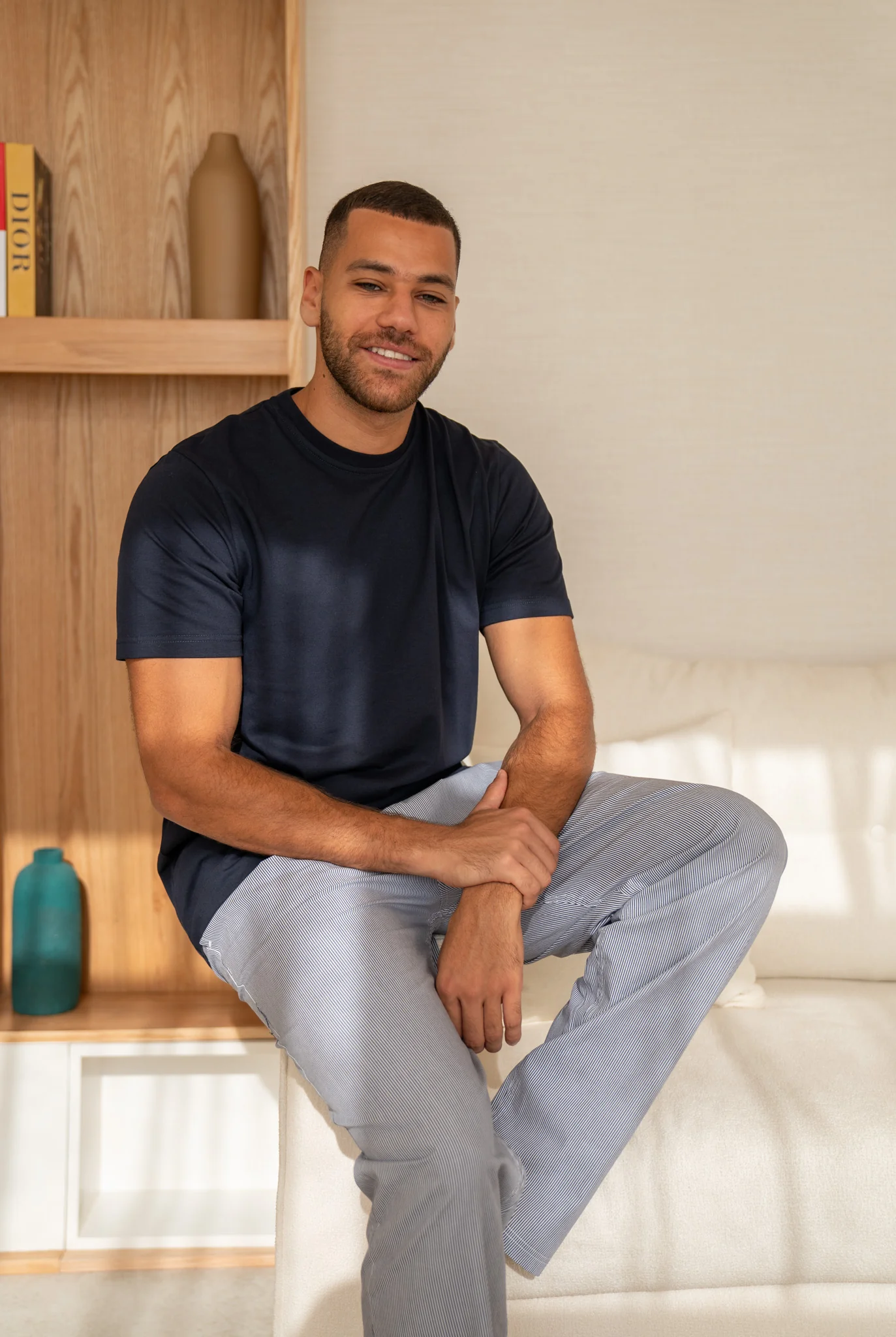 Men summer pajama set Dark Blue T-shirt + Dark Blue X White Striped Pants - Image 3