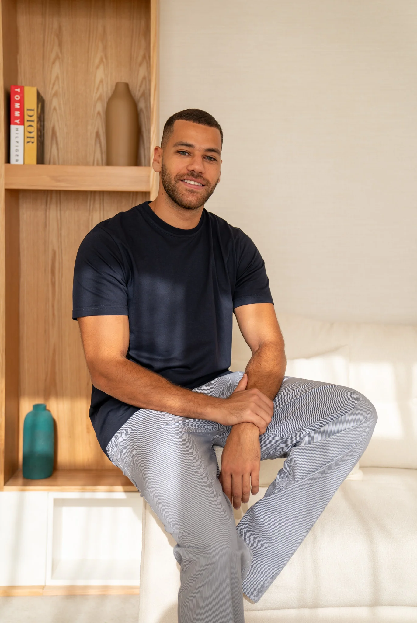 Men summer pajama set Dark Blue T-shirt + Dark Blue X White Striped Pants - Image 4