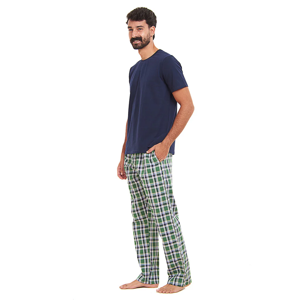 Men summer pajama set Dark blue T-shirt + Green x Dark Blue checkered Pants