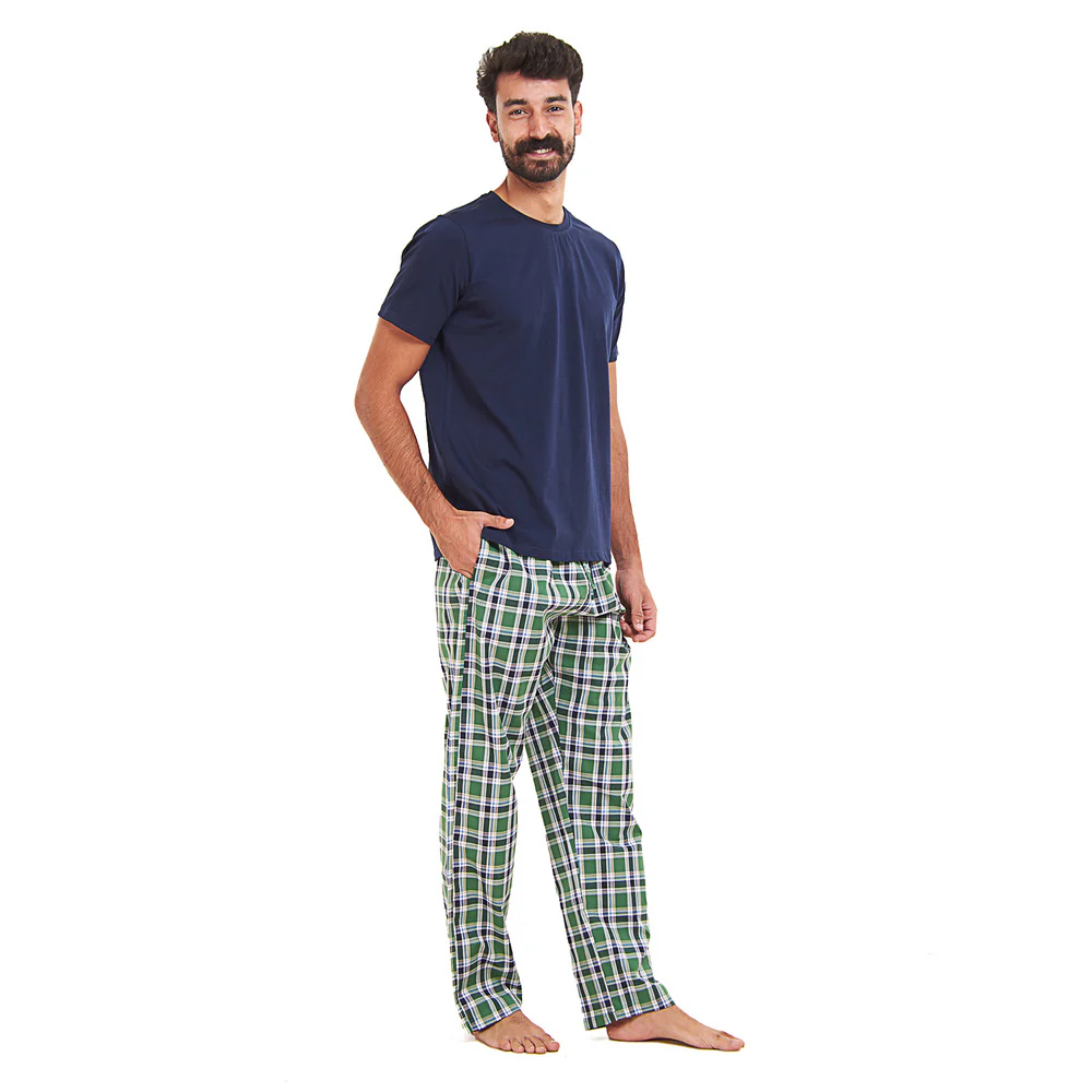 Men summer pajama set Dark blue T-shirt + Green x Dark Blue checkered Pants - Image 2