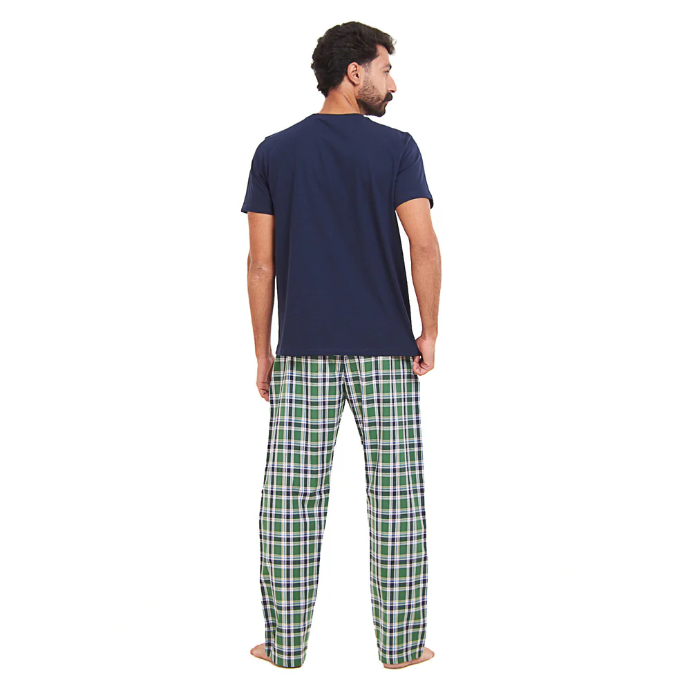 Men summer pajama set Dark blue T-shirt + Green x Dark Blue checkered Pants - Image 3