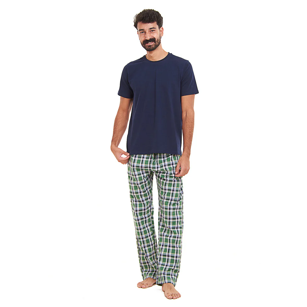 Men summer pajama set Dark blue T-shirt + Green x Dark Blue checkered Pants - Image 4