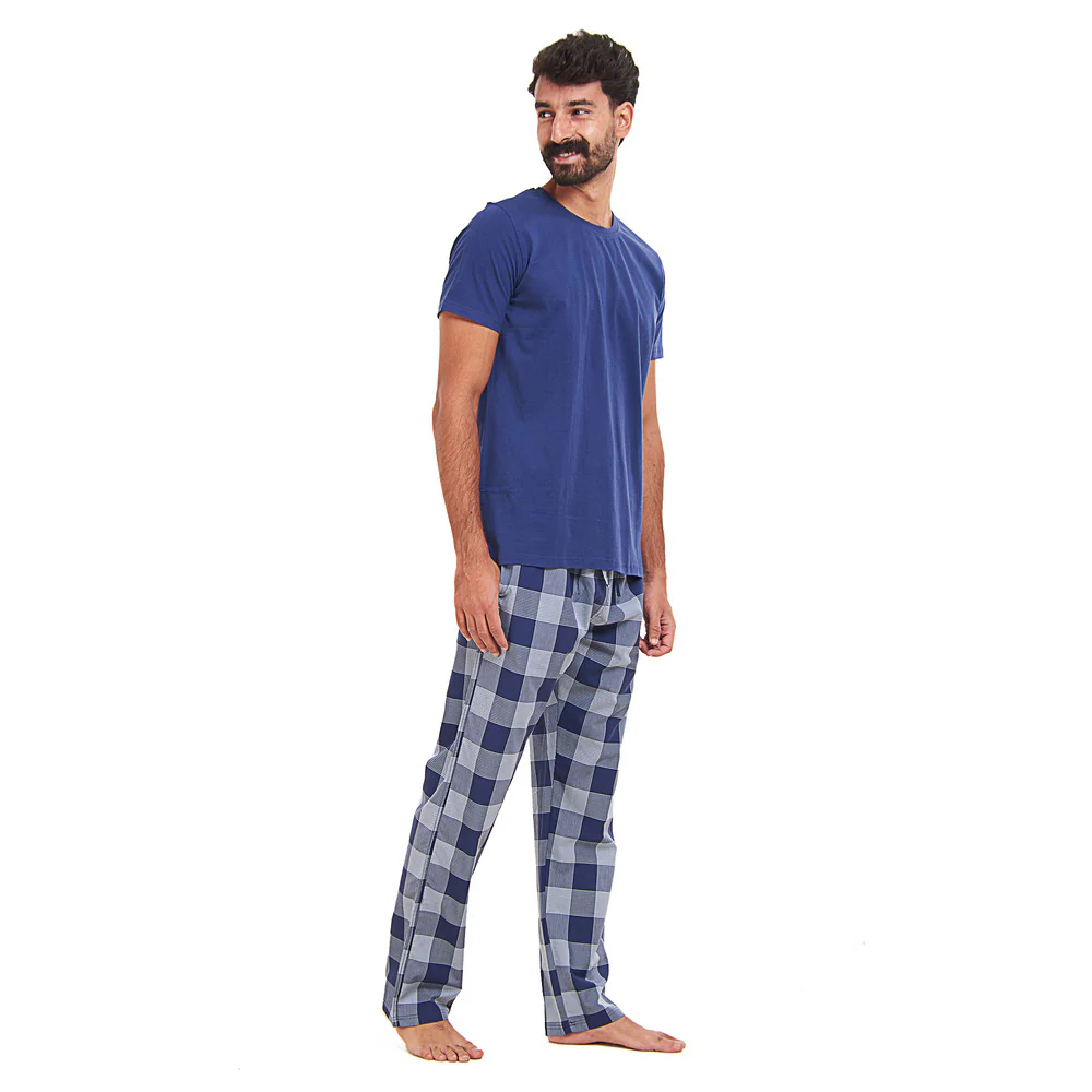 Men summer pajama set Dark blue T-shirt + Light blue x Blue Checkered Pants - Image 2