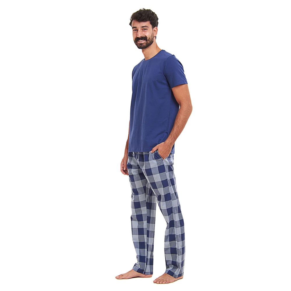 Men summer pajama set Dark blue T-shirt + Light blue x Blue Checkered Pants - Image 3