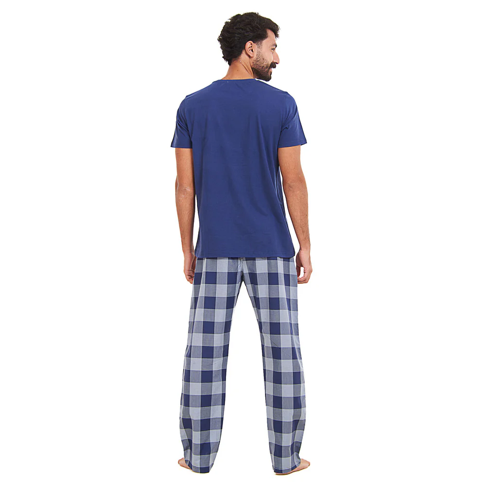 Men summer pajama set Dark blue T-shirt + Light blue x Blue Checkered Pants - Image 4