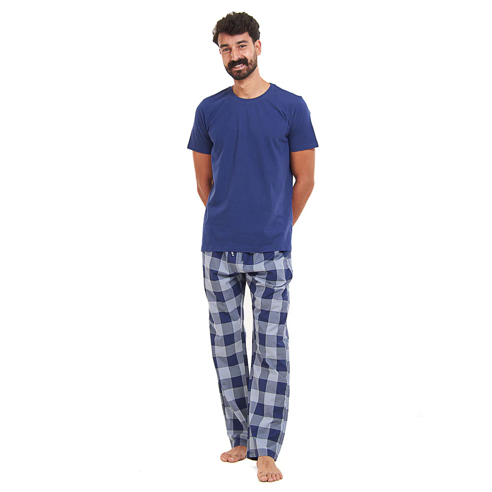 Men summer pajama set Dark blue T-shirt + Light blue x Blue Checkered Pants - Image 5