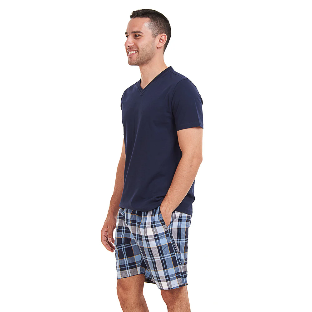 Men summer pajama set Dark Blue T-shirt +Light Blue x Dark Blue Checkered short - Image 2