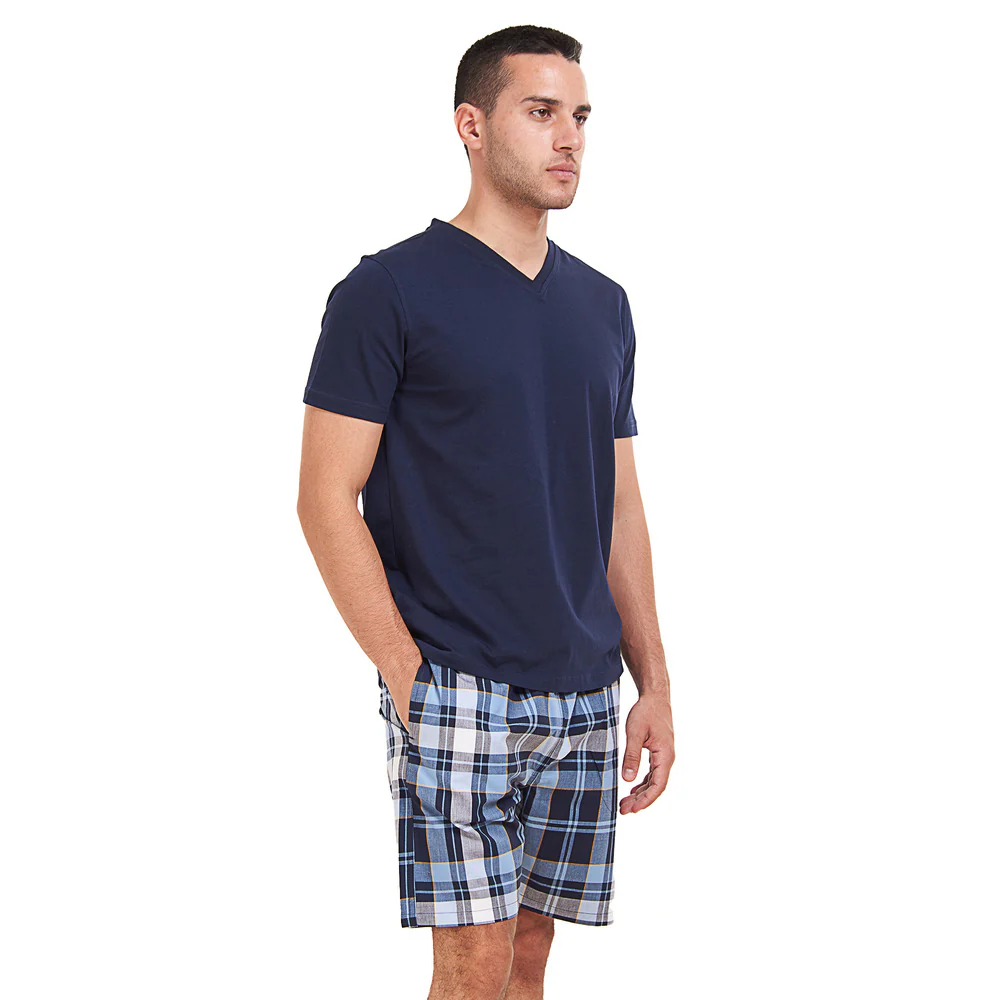 Men summer pajama set Dark Blue T-shirt +Light Blue x Dark Blue Checkered short - Image 3