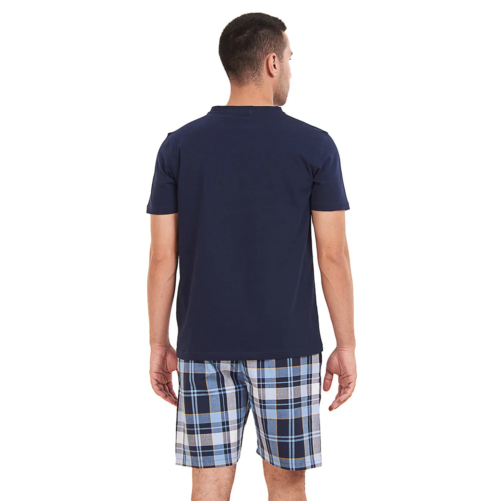 Men summer pajama set Dark Blue T-shirt +Light Blue x Dark Blue Checkered short - Image 4