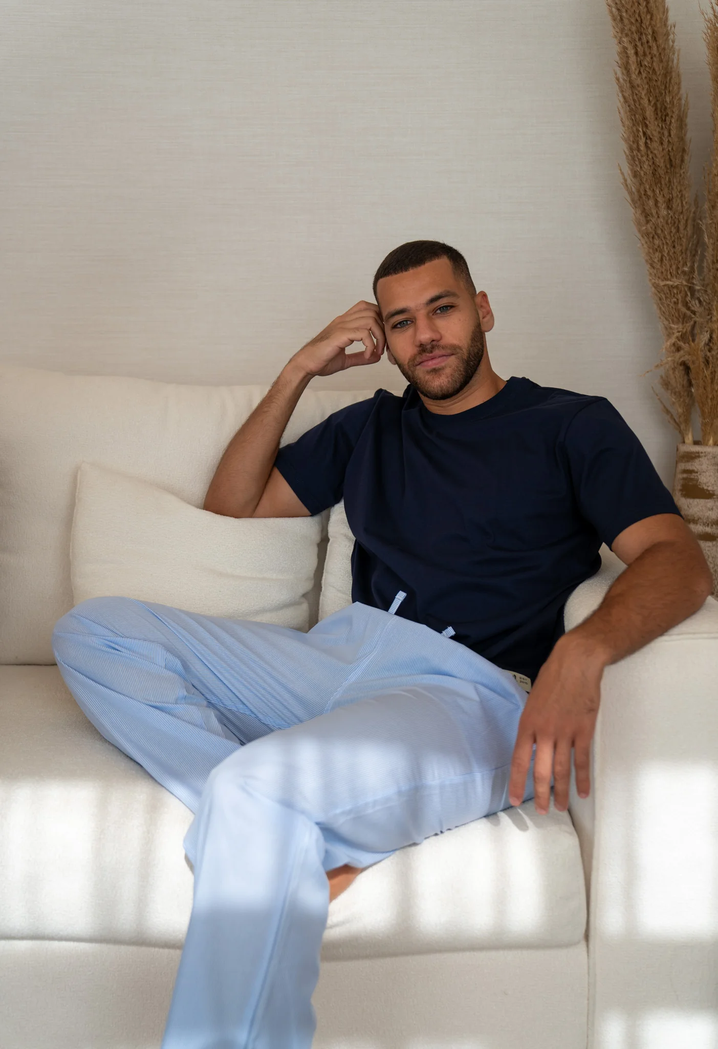 Men summer pajama set Dark Blue T-shirt + Light Blue X White Striped Pants - Image 2