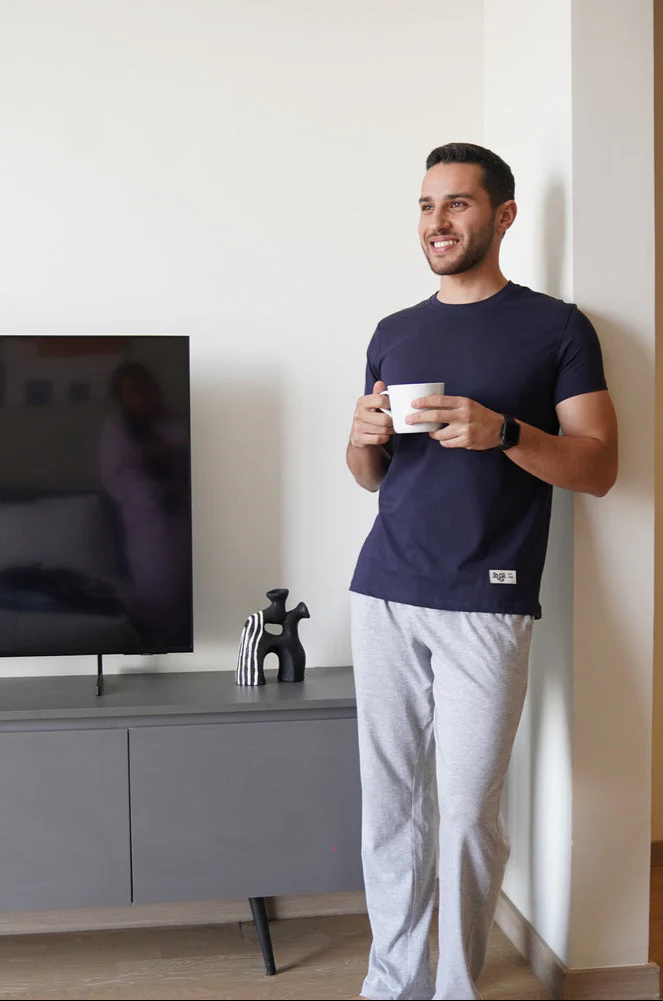 Men summer pajama set Dark Blue T-shirt + Light grey Pants - Image 2