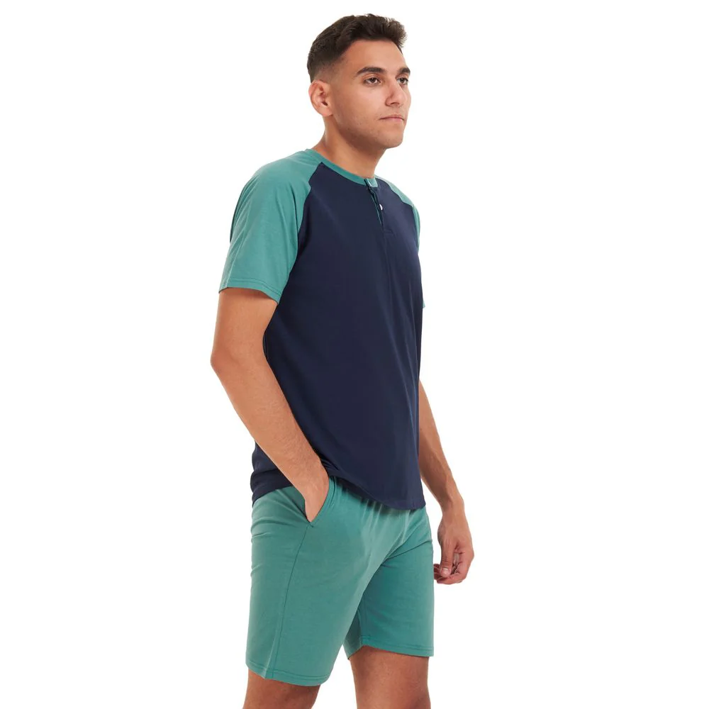 Men summer pajama set Dark blue T-shirt + Light teal short - Image 2