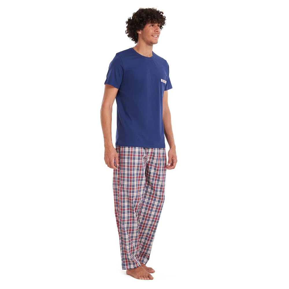 Men summer pajama set Dark blue T-shirt + Maroon checkered pants - Image 2