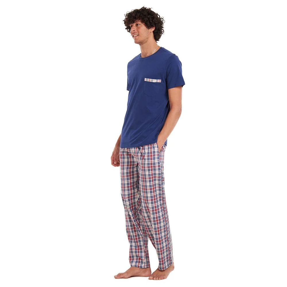 Men summer pajama set Dark blue T-shirt + Maroon checkered pants - Image 3