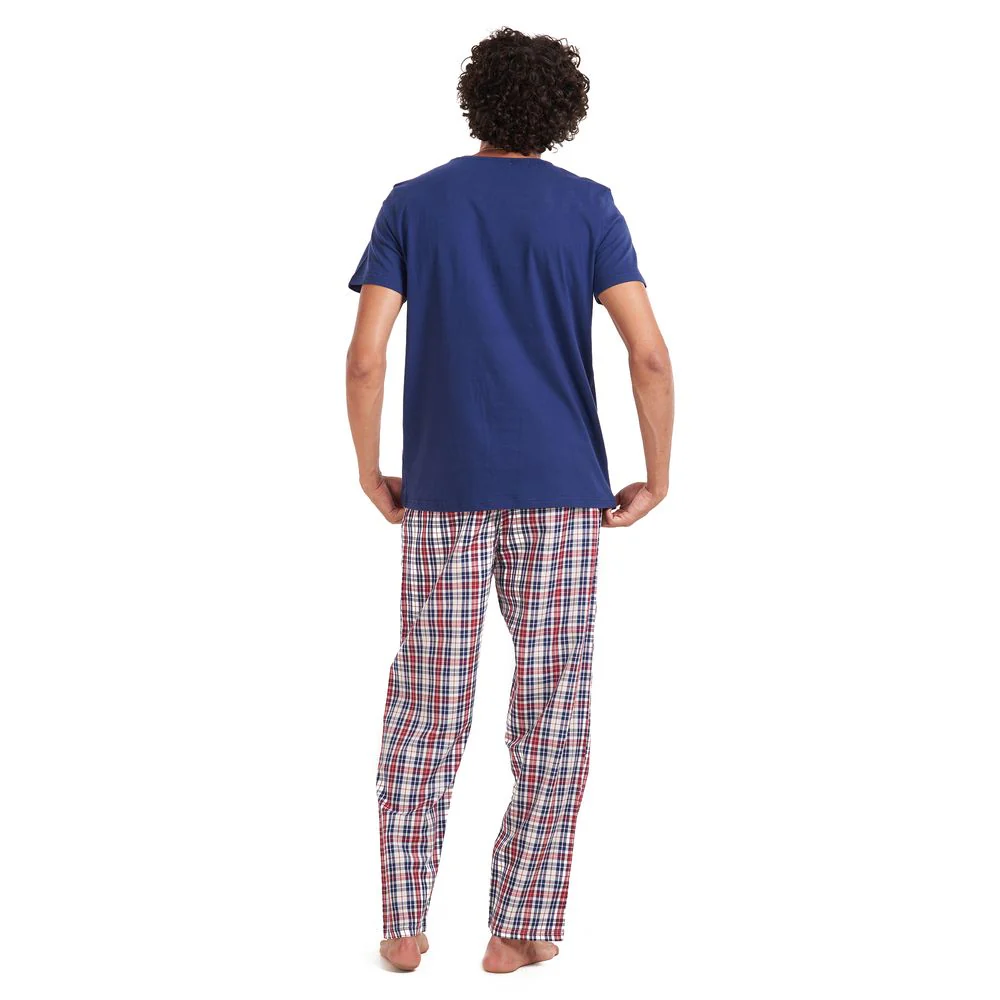 Men summer pajama set Dark blue T-shirt + Maroon checkered pants - Image 4