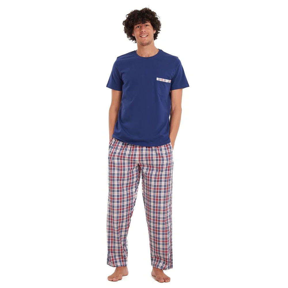 Men summer pajama set Dark blue T-shirt + Maroon checkered pants - Image 5