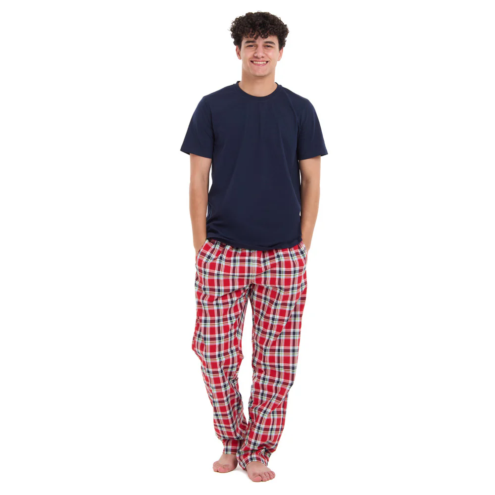 Men summer pajama set Dark blue T-shirt + Red x Dark blue checkered Pants - Image 2