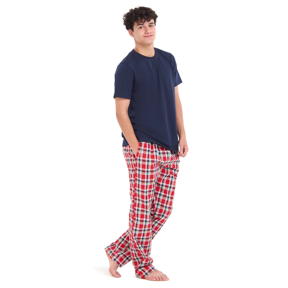 Men summer pajama set Dark blue T-shirt + Red x Dark blue checkered Pants - Image 3