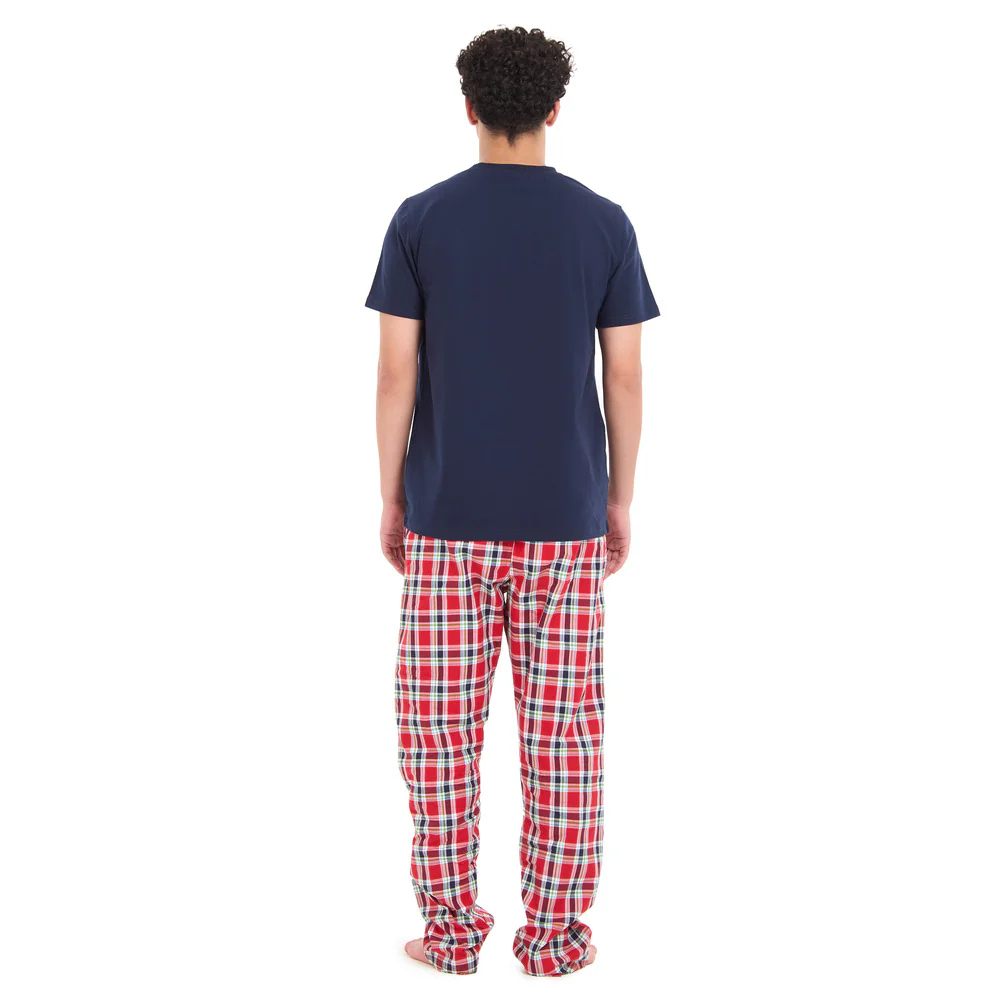 Men summer pajama set Dark blue T-shirt + Red x Dark blue checkered Pants - Image 4