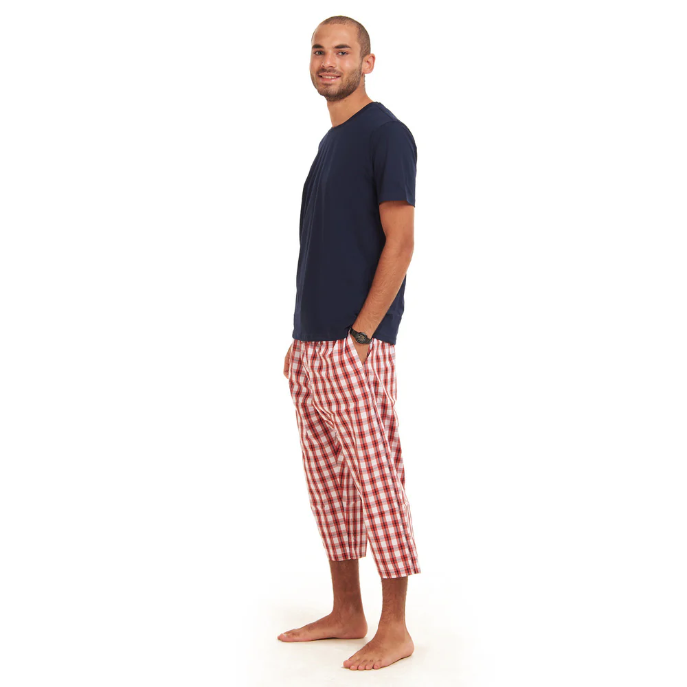 Men summer pajama set Dark Blue T-shirt + red x white checkered Pantacor - Image 2