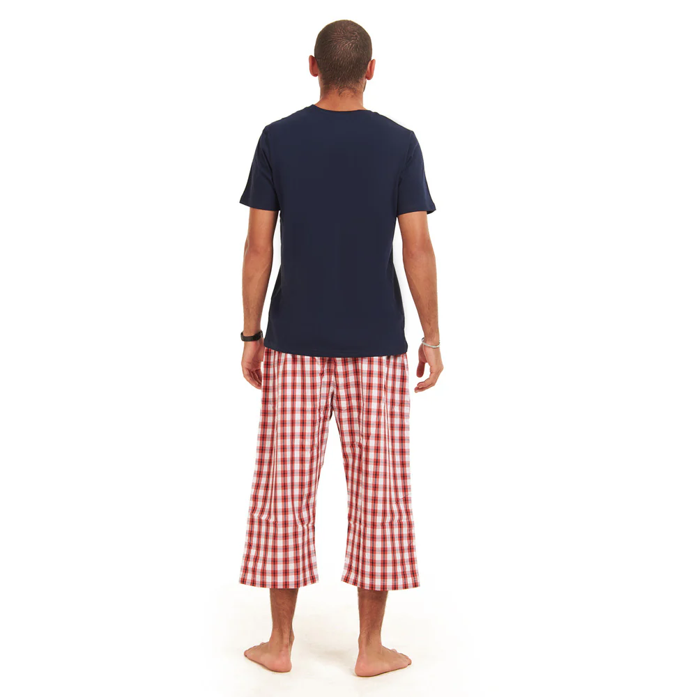 Men summer pajama set Dark Blue T-shirt + red x white checkered Pantacor - Image 3