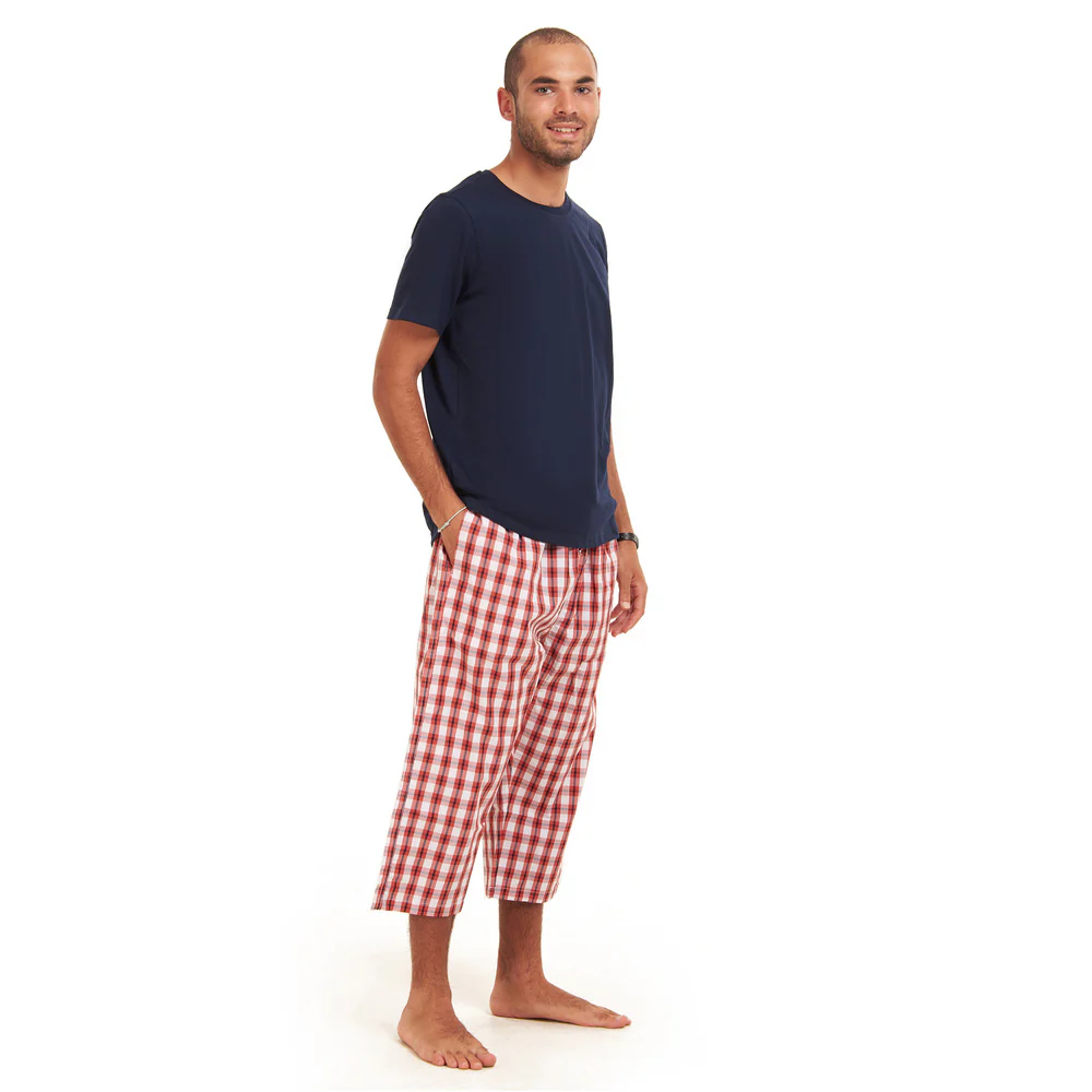 Men summer pajama set Dark Blue T-shirt + red x white checkered Pantacor - Image 4